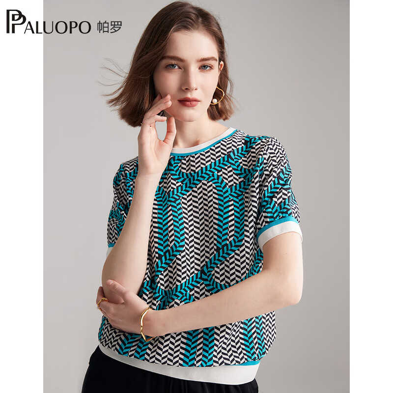 帕罗（PALUOPO）双绉新款真丝短袖体恤女士圆领印花100%桑蚕丝休闲百搭t上衣 黑蓝 L (165/88A)