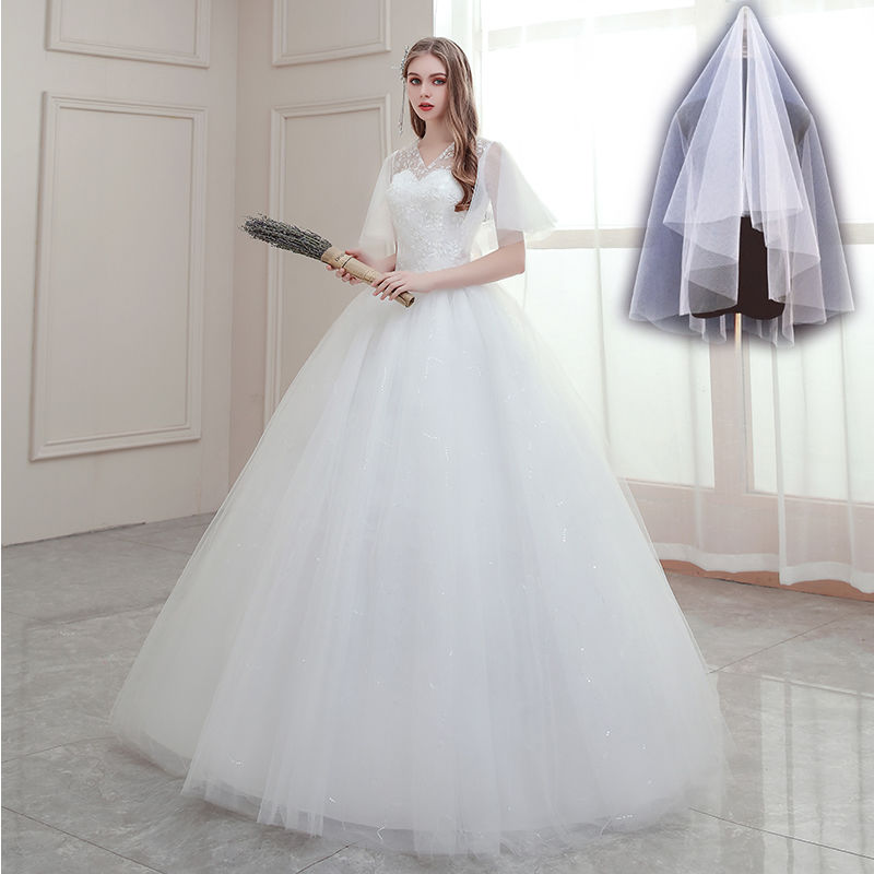 婚纱礼服2020新款韩版新娘一字肩婚纱修身显瘦森系蕾丝抹胸婚纱图珞