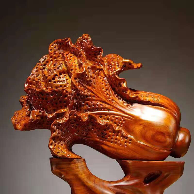 木雕大白菜摆件进宝家居装饰品酒柜玄关客厅摆设新店开业礼品 花梨