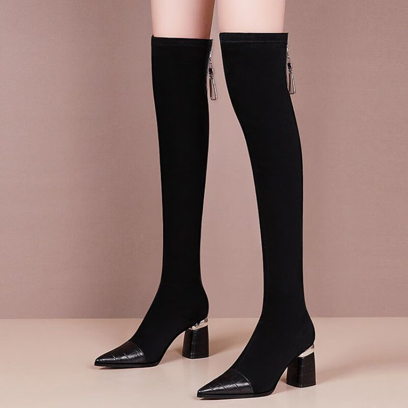 糜鹰 过膝长靴女春季新款黑色真i皮尖头高跟瘦瘦靴百搭长筒粗跟弹力靴