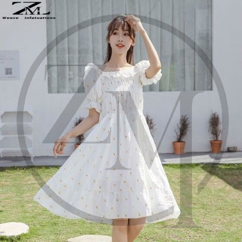 织迷甜美一字肩连衣裙夏季学生egg法式初恋碎花裙桔梗仙女裙复古仙