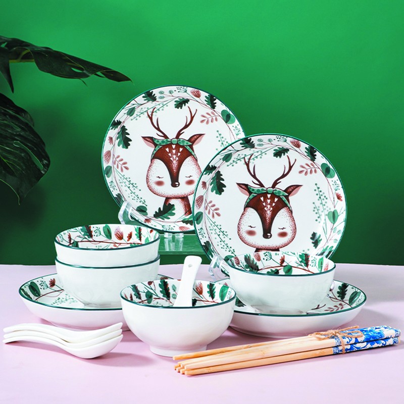 卡通小鹿碗盘套装 日式可爱陶瓷碗碟组合家用米饭碗面碗菜盘子筷子 小鹿 16件套