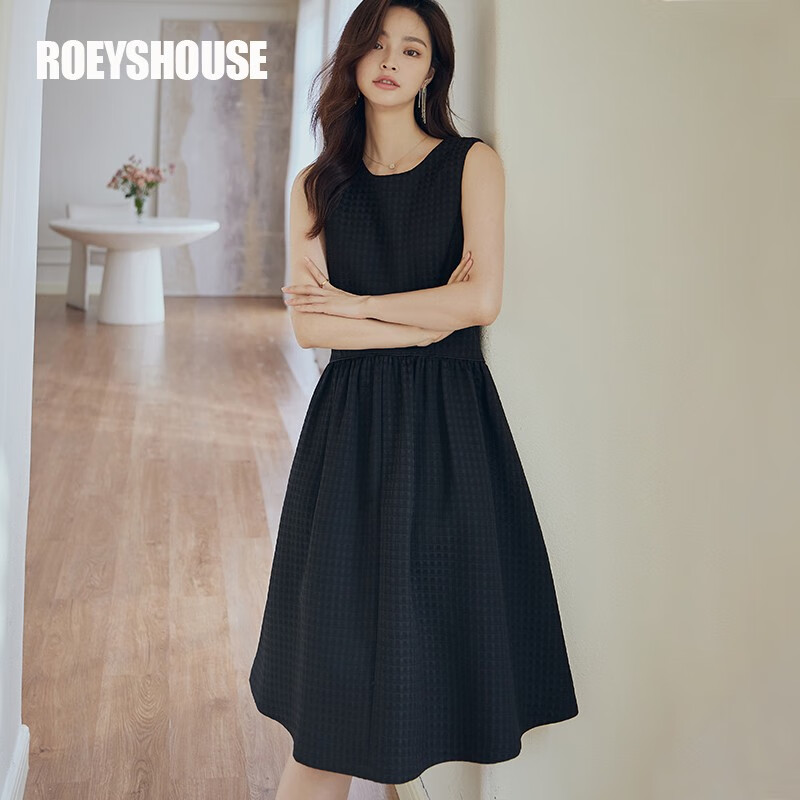 roeyshouse罗衣知性无袖黑色连衣裙女秋装新款气质提花a字中长裙07185