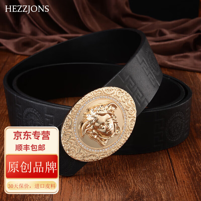 赫澤瓊斯HEZZJONS男士皮帶美人頭腰帶純牛皮真牛皮褲腰帶潮流休閑腰帶時尚韓版百搭皮帶發(fā)型師腰帶 黑色+金扣 120
