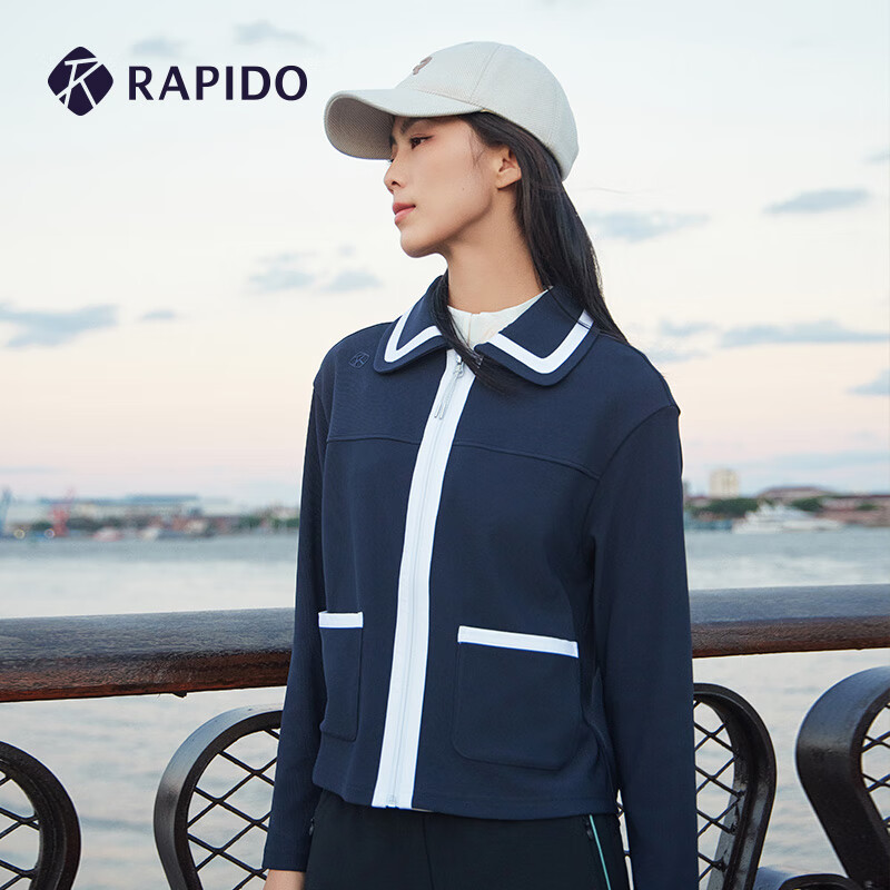 Rapido雳霹道春秋女士短款夹克小香风翻领运动休闲舒适外套CP4939E02 藏青色 M