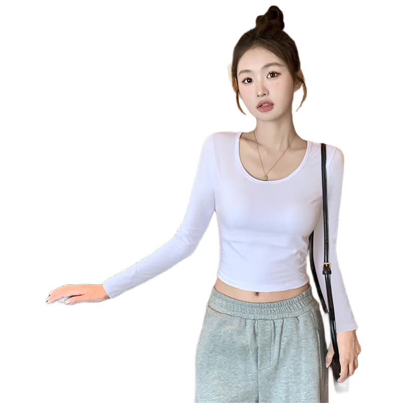 啄木鳥打底衫女純棉正肩長袖t恤春夏修身顯瘦內(nèi)搭露臍辣妹上衣 白色 M