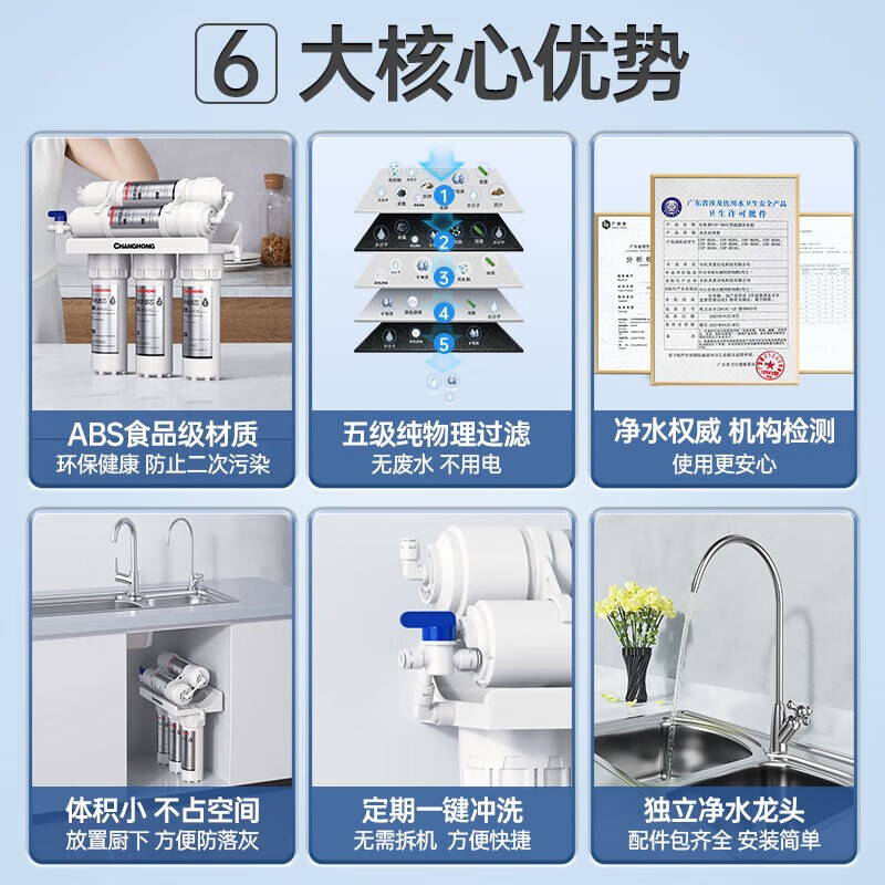 长虹（CHANGHONG）净水器家用直饮自来水龙头净水机厨房滤水器五级精滤不插电无废水超滤净水机 【升级套餐】8支PP棉滤芯 + 自行安装