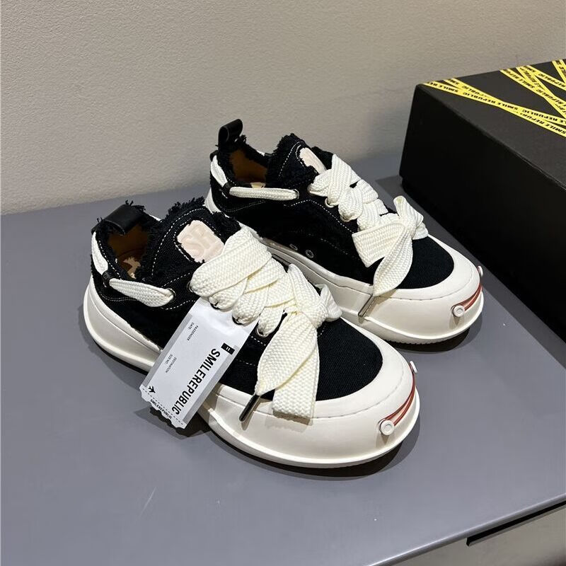 笑男女情侣厚底增高防滑轻便乞丐板鞋休闲运动鞋子 黑色 36 偏大半码