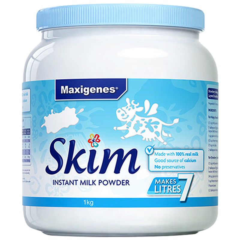 美可卓（Maxigenes）脱脂1kg蓝妹子成人奶粉澳洲高钙高蛋白无蔗糖儿童学生中老年奶粉