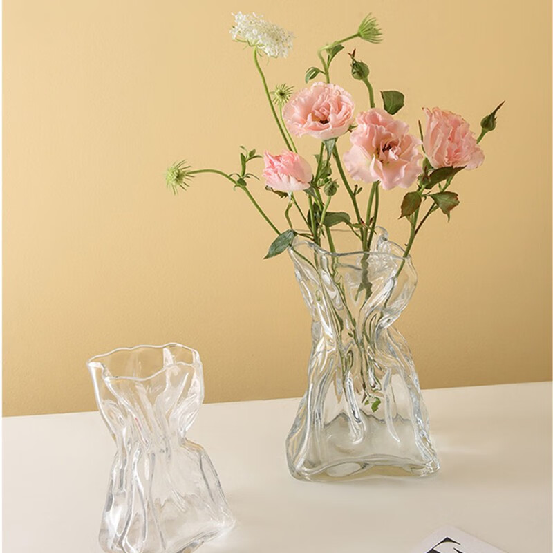 木丁丁 褶皱玻璃花瓶 插假仿真花透明水养植物玫瑰客厅餐桌面家居摆件 褶皱花瓶【透明（不含麻绳）】
