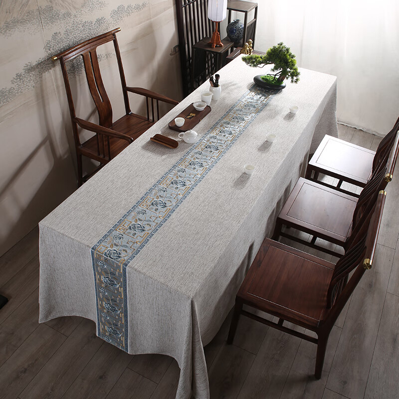 溪秀映像新中式防水桌布茶桌垫布中国风书法盖布长方形禅意棉麻茶几
