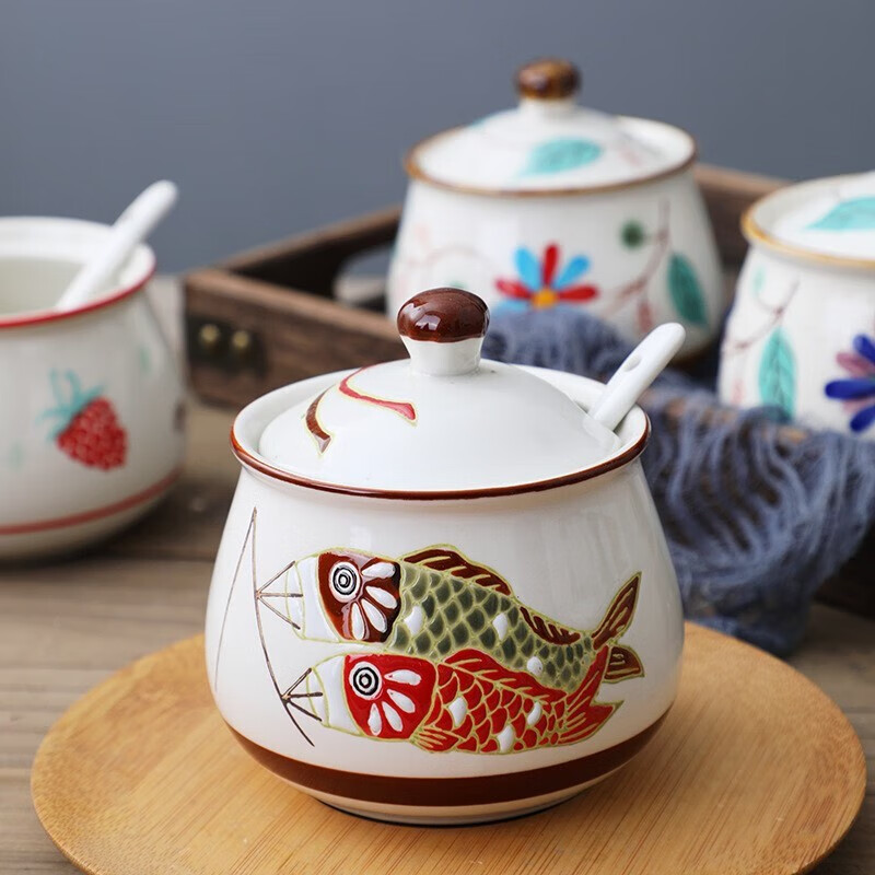 微光里 500ML陶瓷猪油罐调料器皿储油油罐耐高温辣椒油罐油泼辣子调味罐 富贵鱼猪油罐中号（约 500ML）