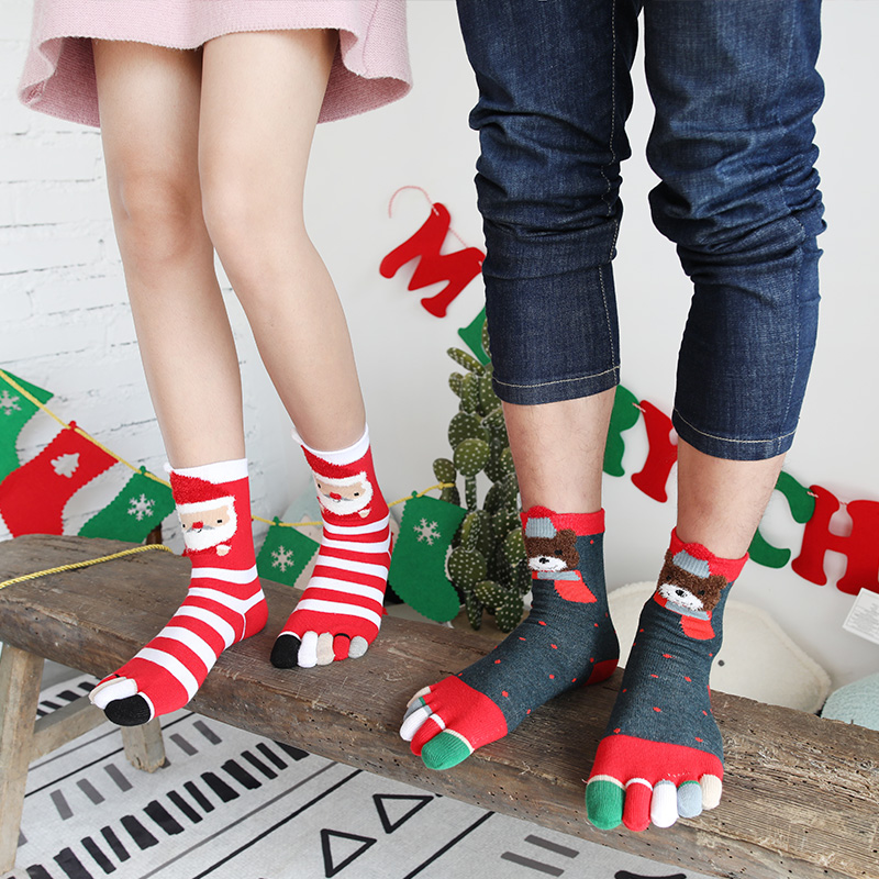 革斤威圣诞袜子新年女士情侣袜子女棉纯五指袜老人麋鹿圣诞树羽毛纱可爱 五指圣诞情侣袜4双装
