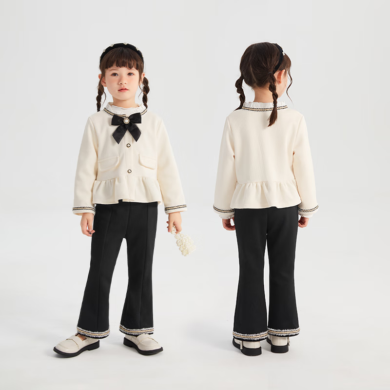 JELLYBABY女童洋气两件套春秋款宝宝春季衣服三岁女孩休闲春装儿童法式套装 杏色 90 CM