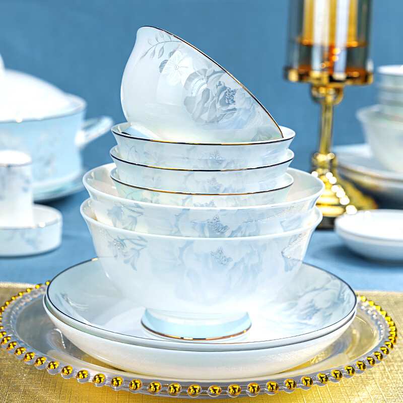 顏來景德鎮(zhèn)餐具陶瓷碗具家用米飯碗單個(gè)金邊吃飯碗輕奢碗碟自選SN1157 月光牡丹4.5英寸高腳碗一個(gè)