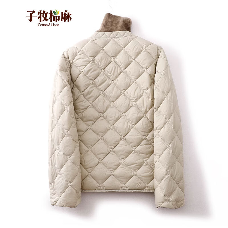 子牧棉麻2024秋冬装 女轻薄款棉服圆领短款时尚菱形格外套1508 杏色 XL(建议125-140斤)