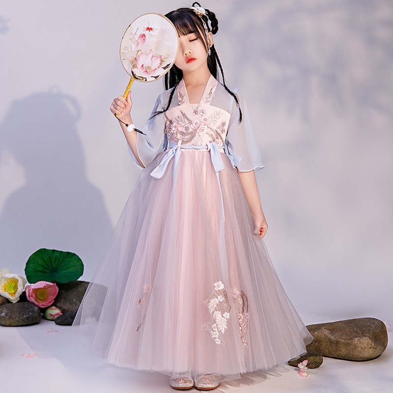 女童汉服连衣裙新款儿童古装公主中国风连衣裙洋气唐装礼服 烟雨 150