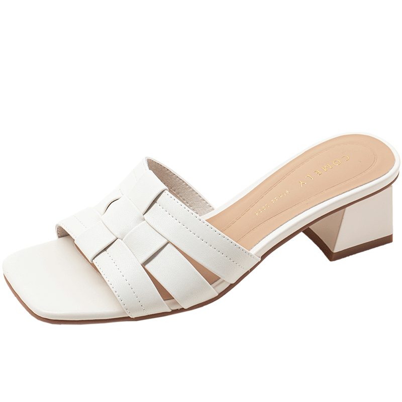 康莉一字拖鞋女夏季新款粗跟方頭編織中跟外穿休閑涼拖鞋 米白色 38