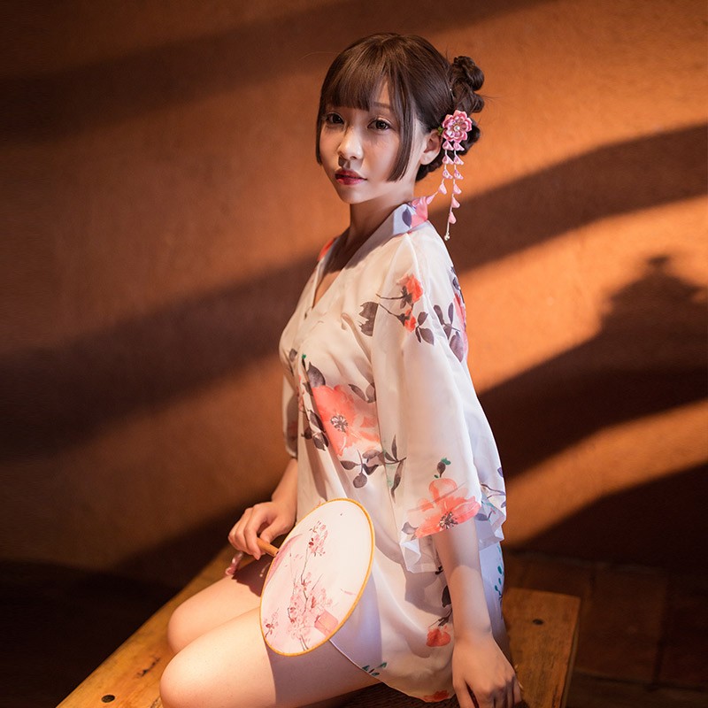 日系雪纺开襟和服变态 性感低领印花女式 宽松夜店服角色扮演 制 7055