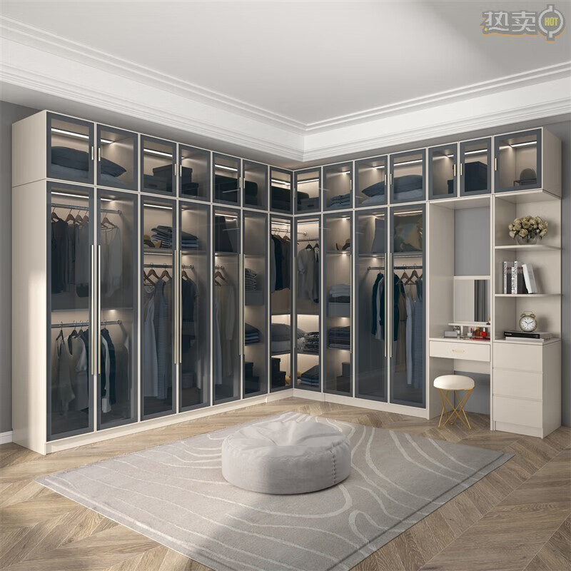 博言轻奢衣柜家用卧室简约现代衣帽间柜子组合玻璃梳妆台一体衣橱小型