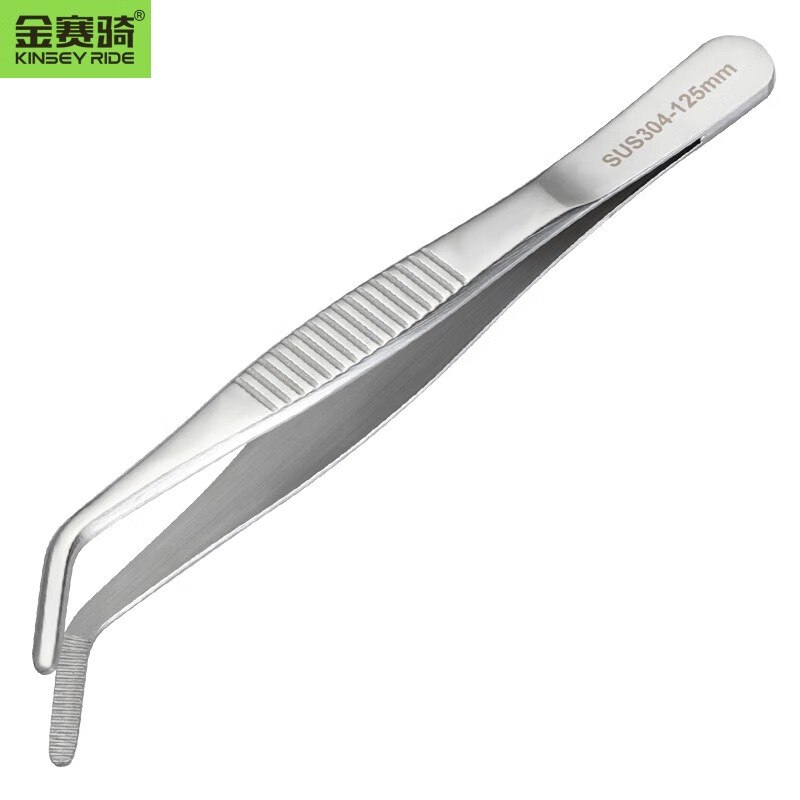 金赛骑 304不锈钢镊子带齿防滑加长加厚加硬夹子圆头弯头敷料小聂子