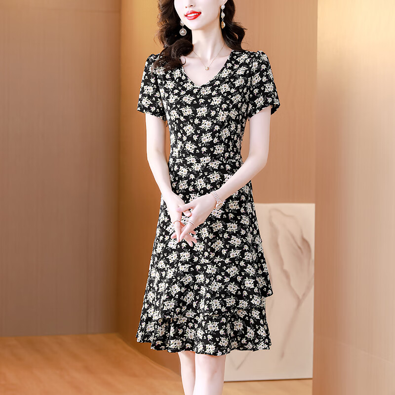 wangjiang中年妈妈碎花雪纺连衣裙夏装40一50岁贵夫人矮小个子高贵