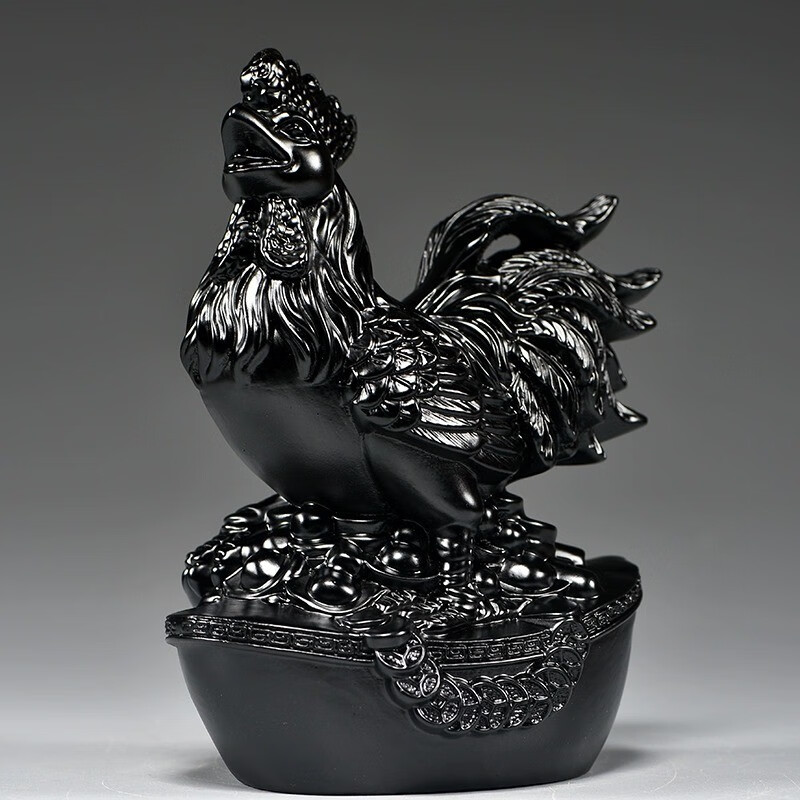 仙纵黑色鸡摆件实木雕刻十二生肖黑公鸡客厅电视柜缺角补角装饰工艺品