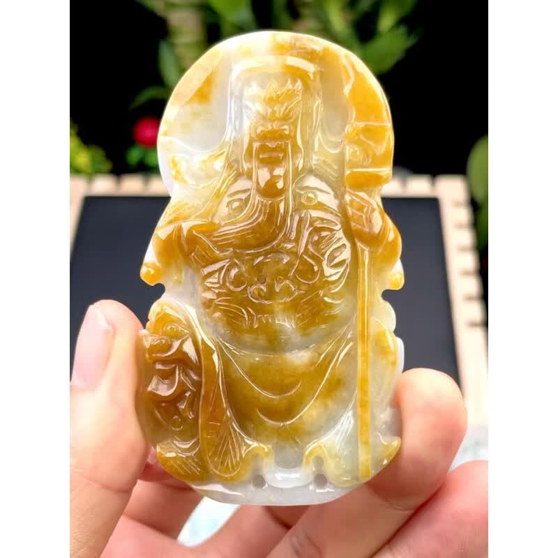 瑾晨缅甸料翡翠冰底黄翡关公牌吊坠 a货玉石武财神关二哥玉坠大件
