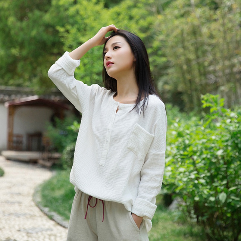 春秋季棉麻太極服女太極T恤新款太極拳練功服女太極上衣夏薄款亞 白色 均碼