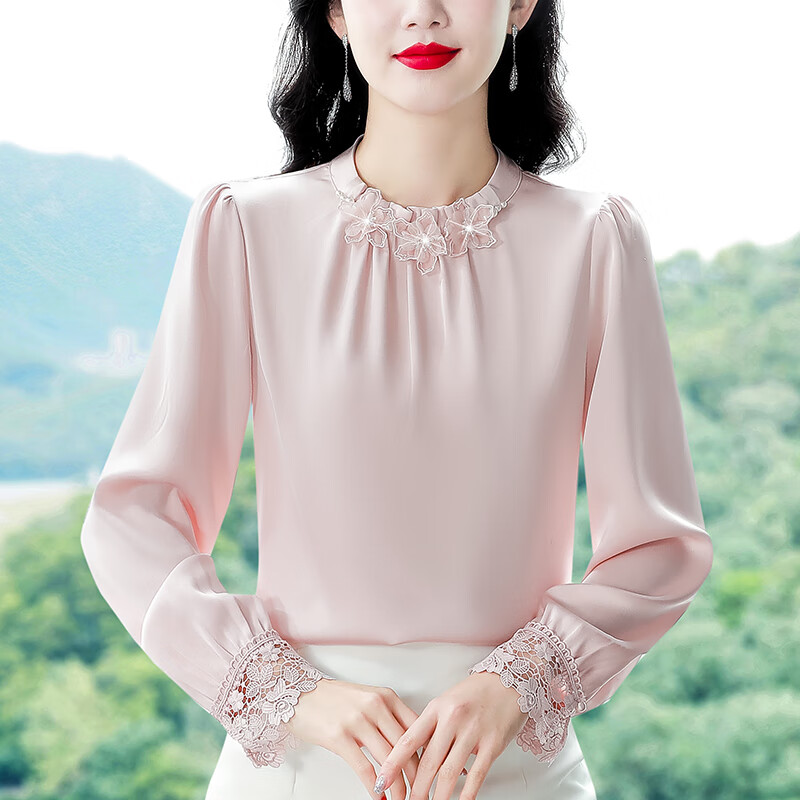 真丝衬衫女士蕾丝长袖立体花朵衬衣2024春秋新款妈妈桑蚕丝小上衣