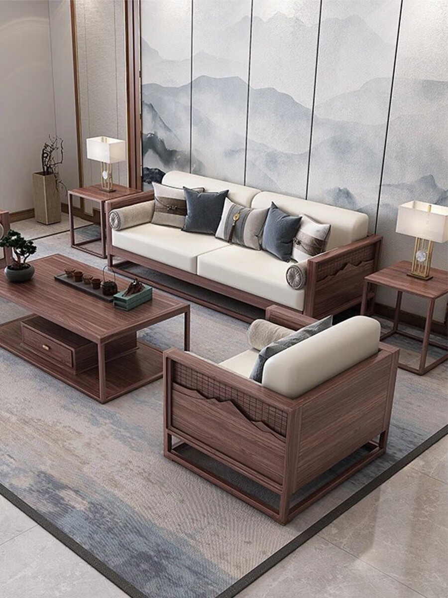 已末空间2024新中式实木沙发组合大户型客厅家具现代轻奢别墅黑胡桃木沙发 三人沙发 5-8人