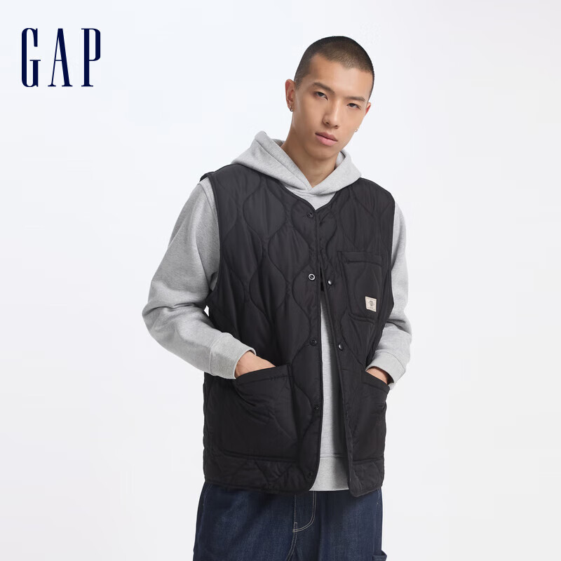 Gap男装2024秋季新款波浪绗线口袋马甲轻薄保暖简约棉背心619671 黑色 165/88A(S) 亚洲尺码