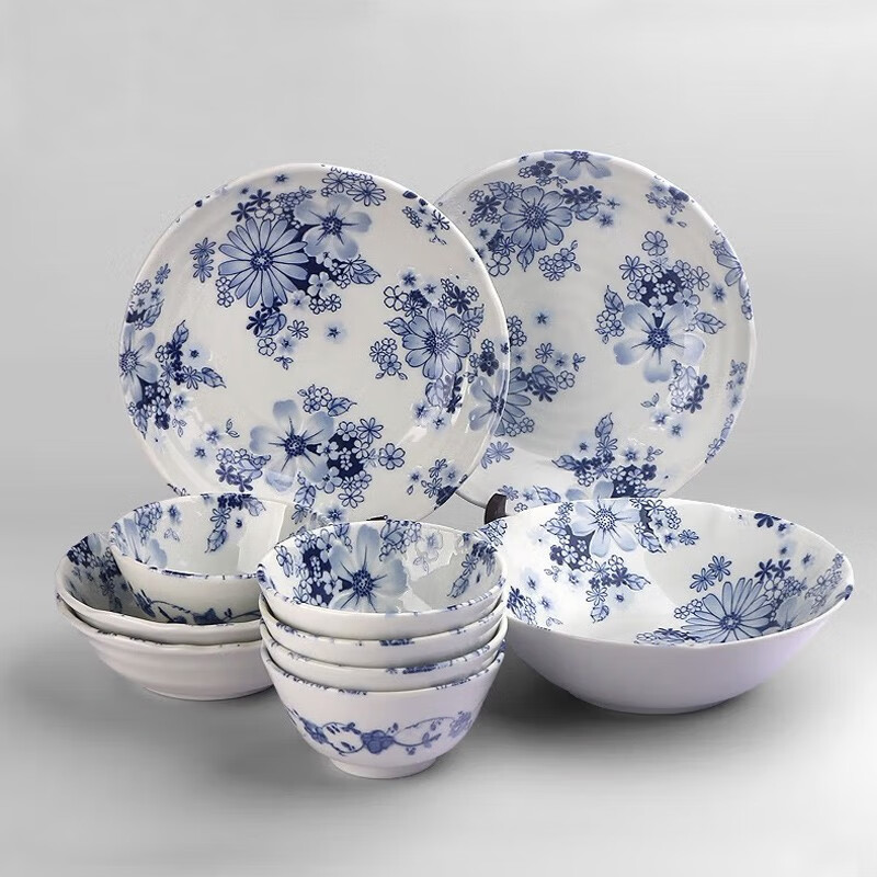 美浓烧（Mino Yaki） 美浓烧 日本进口陶瓷简约日式餐具碗盘套装 花集10件套