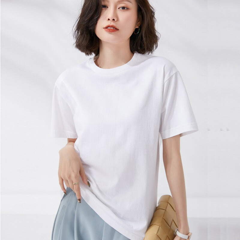 灵镜（LING JING）【纯棉】印花圆领短袖T恤女2025夏季韩版洋气宽松百搭学院风半袖t 白色【纯色】 2XL （建议130-150斤）