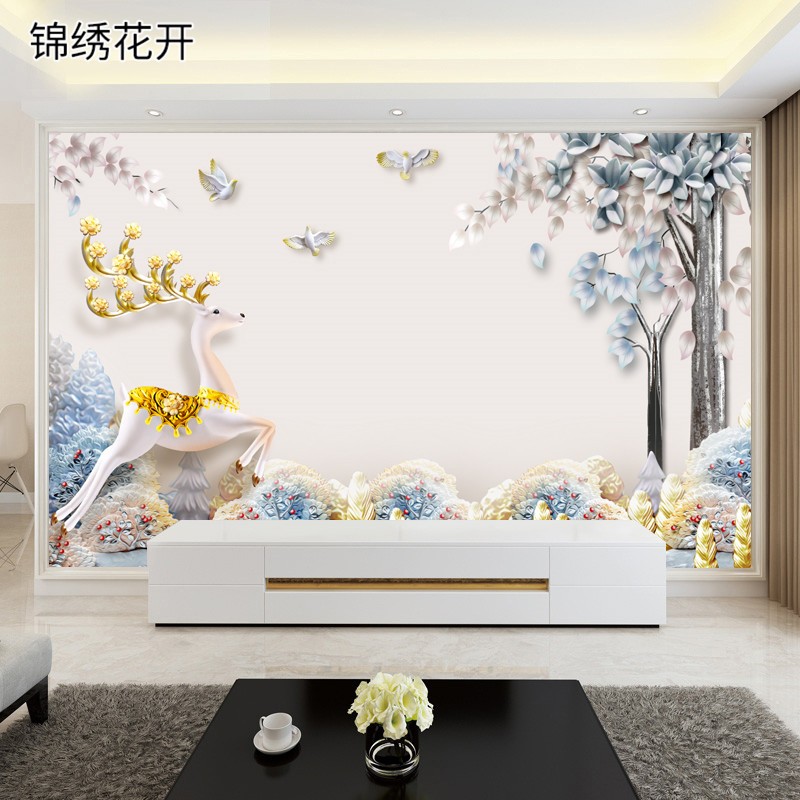 现代影视墙壁布麋鹿装饰墙纸客厅简欧电视背景墙壁画沙发背景墙布定制