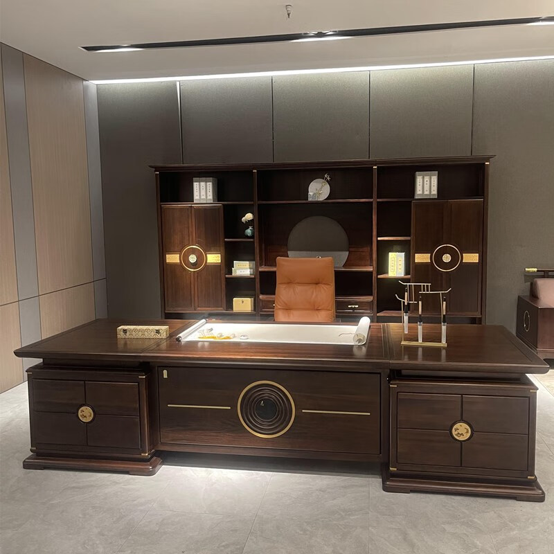 壹设(yishe)新中式大班台桌现代中式办公室老板桌办公桌乌金木家具全