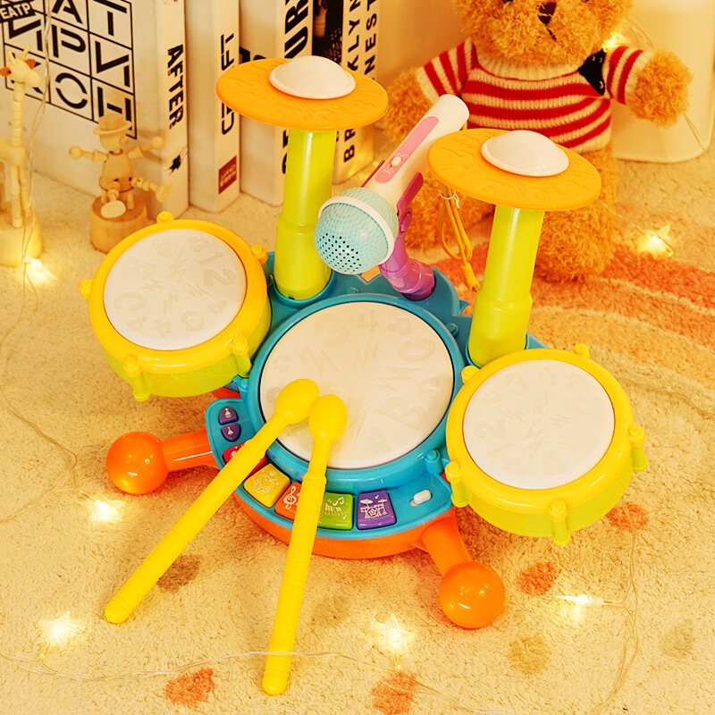 俏娃宝贝（QIAO WA BAO BEI）架子鼓儿童宝宝玩具1-3岁生日周岁礼物2半4男孩敲打鼓三女孩早教  绿：双镲动感灯光音乐爵士鼓