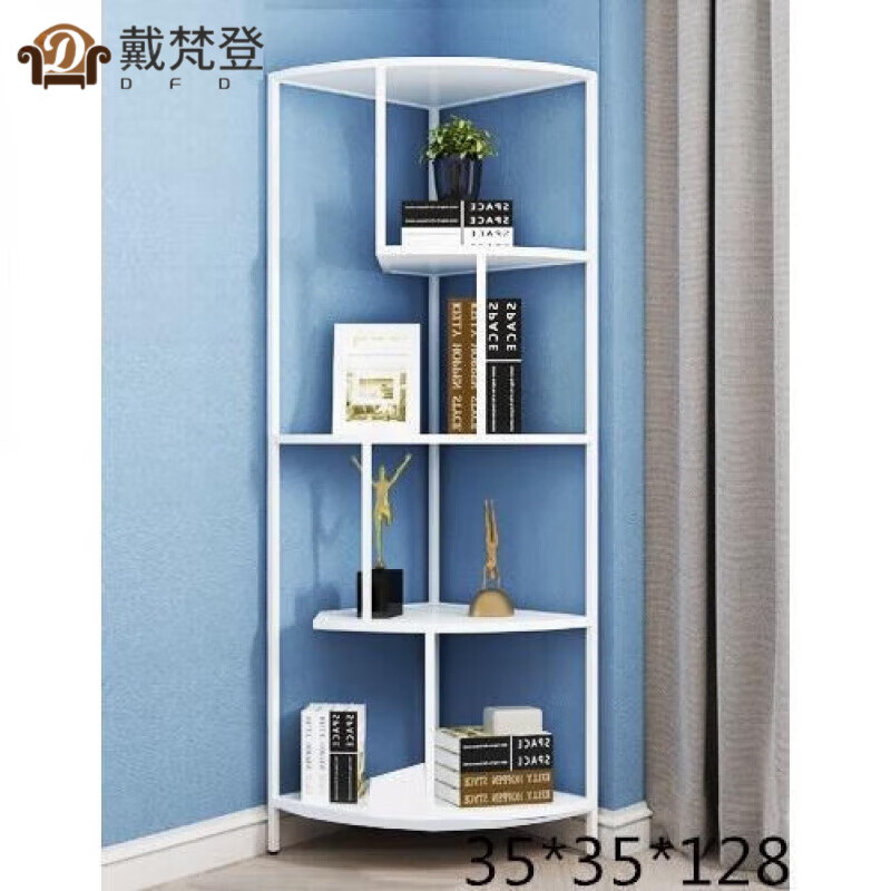 艾格辰鐵藝墻角置物架轉(zhuǎn)角置物架臥室收納書架三角架落地客廳陽臺角柜 白色35*35*128 整裝