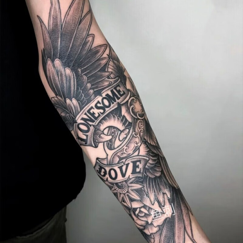 小臂果汁男女花臂(两张)oldschol翅膀玫瑰不反 2张-纹身贴(一次性)