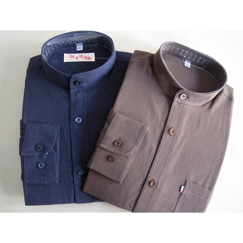 以舟男士老粗布衬衫男衬衣立领长袖宽松休闲棉纯秋季款风情 咖啡色