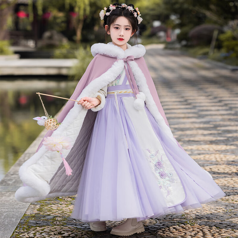 安妮優(yōu)兒女童漢服秋冬季加絨加厚中國風(fēng)古裝披風(fēng)拜年服斗篷 紫色披風(fēng) 110