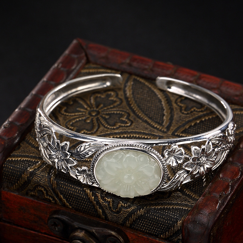 银手镯女和田玉白玉复古桃花镂空镯子开口送妈妈礼物 桃花白玉手镯