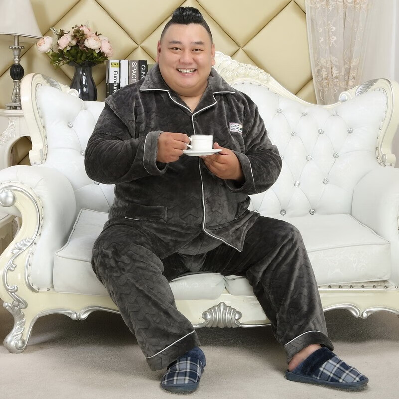 美基韻 男士5xl肥佬特大碼睡衣加絨加大加肥寬松冬裝家居服300斤 深灰色 3XL 建議180-220斤左右