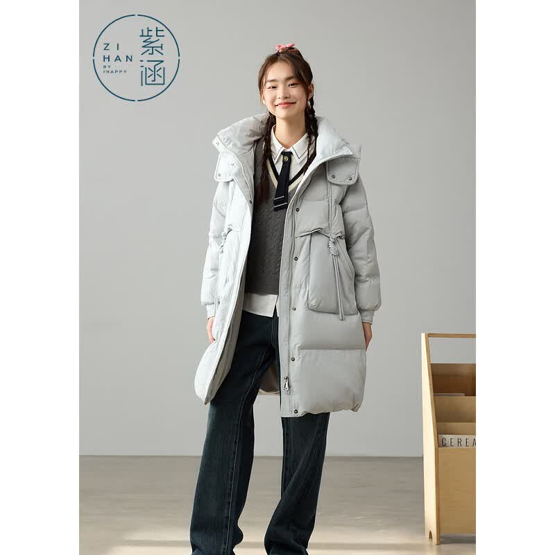 紫涵（ZIHAN）紫涵中长款连帽羽绒服外套女2024冬季新款纯色宽松保暖鸭绒面包服 深灰 M
