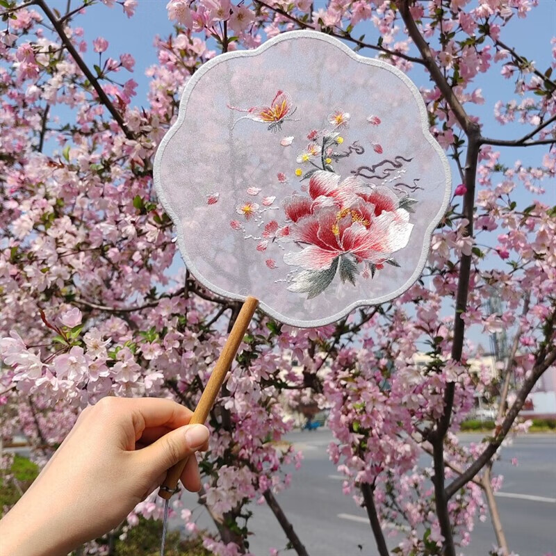 uhfr苏绣团扇牡丹花苏绣古风刺绣团扇成品复古代文艺汉服旗袍走秀真丝