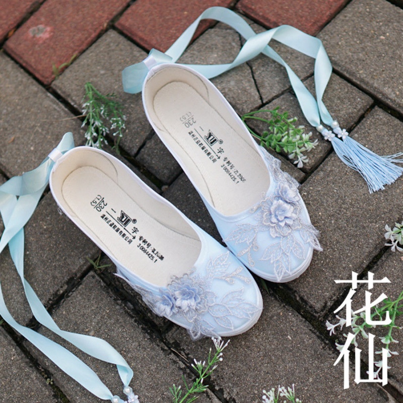 楚歌质优品 古代风改良配汉服鞋刺绣花子女cos汉元素古装儿童学生 蓝色花仙平底怎么样,好用不?