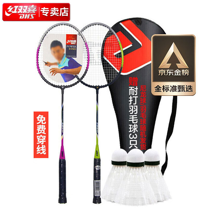 红双喜(DHS)羽毛球拍对拍套装含羽毛球经典入门训练羽拍2支双拍 紫/绿