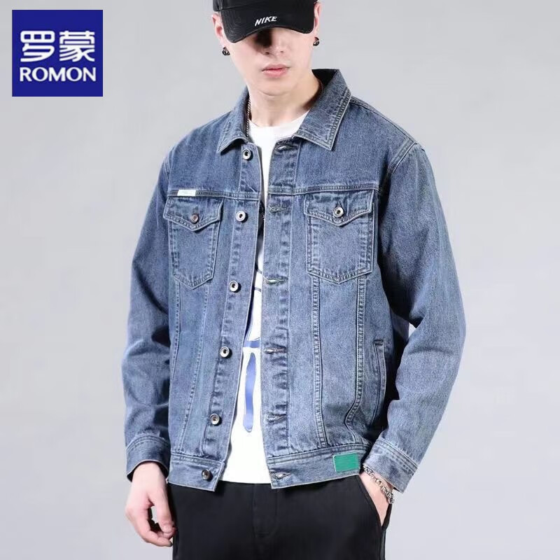 罗蒙(ROMON)男士牛仔外套春秋新款青年装宽松翻领潮工装纽扣夹克上衣 深蓝色-DY757 M建议【98-120斤】