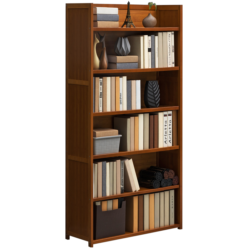 淘之良品简易落地多层加厚书架客厅组合置物架简约办公书房楠竹储物柜子桌面柜子阅读架学生图书馆书橱博古架 茶色-四层70长(三面密封)