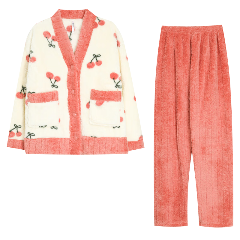 紅豆居家【秋上新】女士秋冬加絨加厚保暖甜美印花睡衣女珊瑚絨家居服